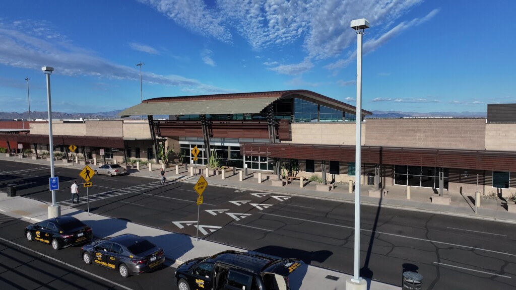 Exterior of the Mesa Gateway Airport terminal and its parking area