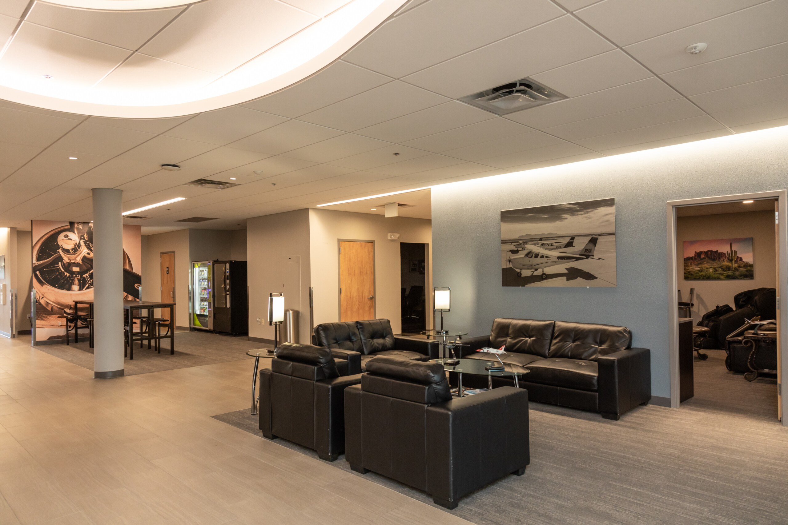 FBO lounge seating area with leather chairs