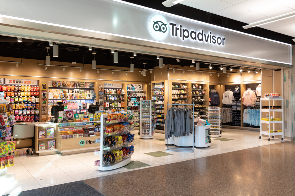 Tripadvisor store stocked with travel goods and snacks