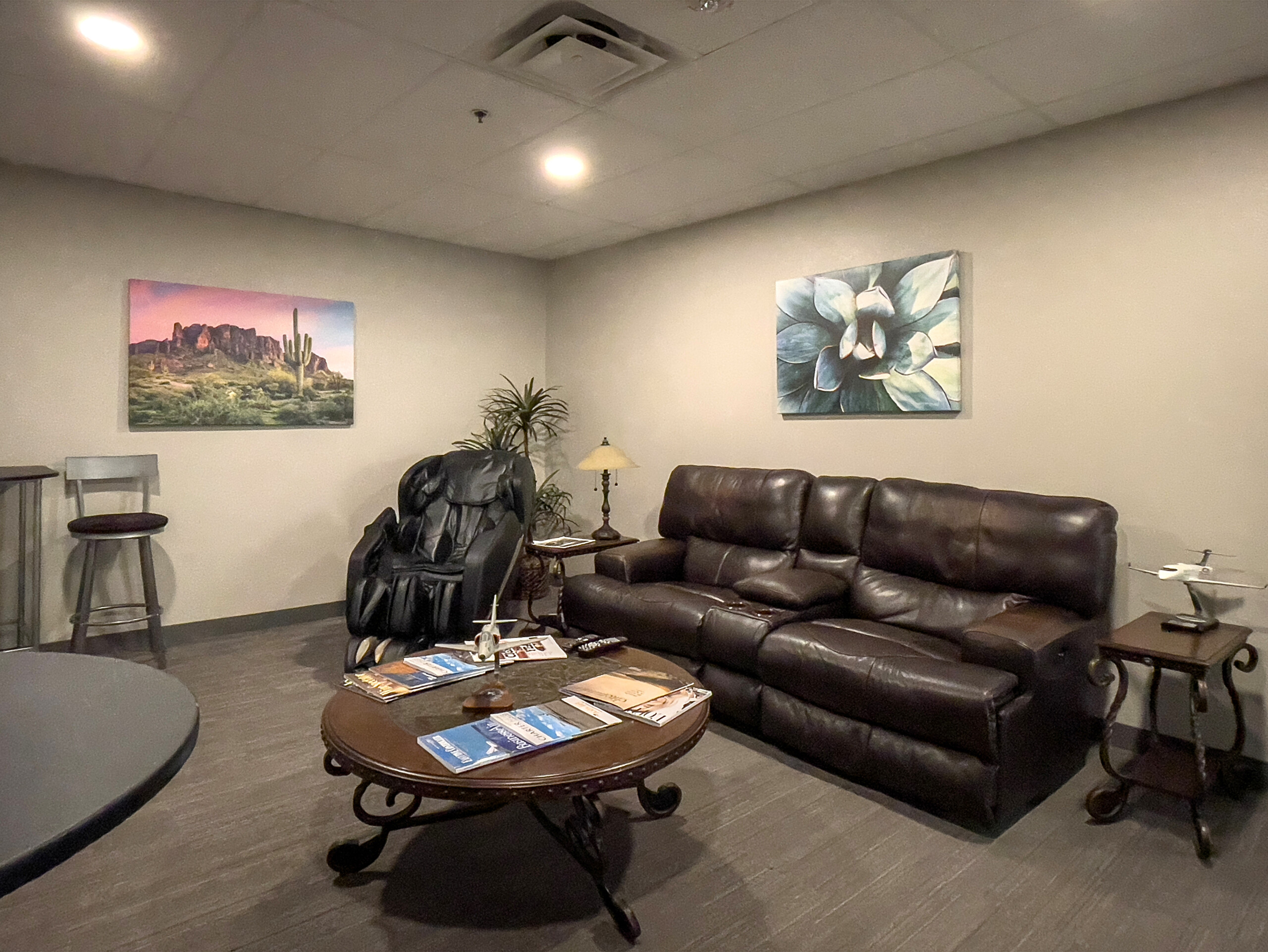 Quiet room with leather recliners and a massage chair