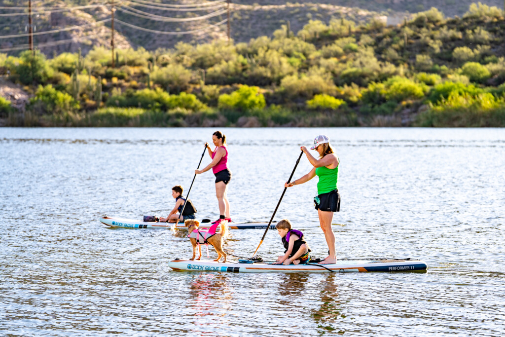 Paddleboarders on a desert lake