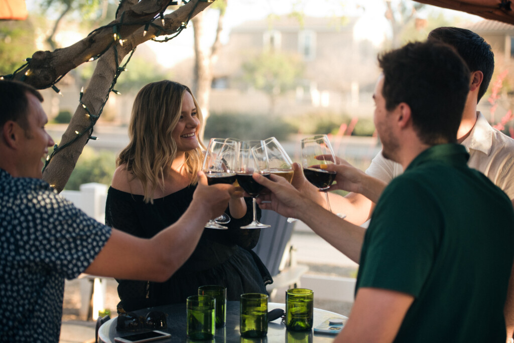 Friends toasting with wine at an outdoor gathering