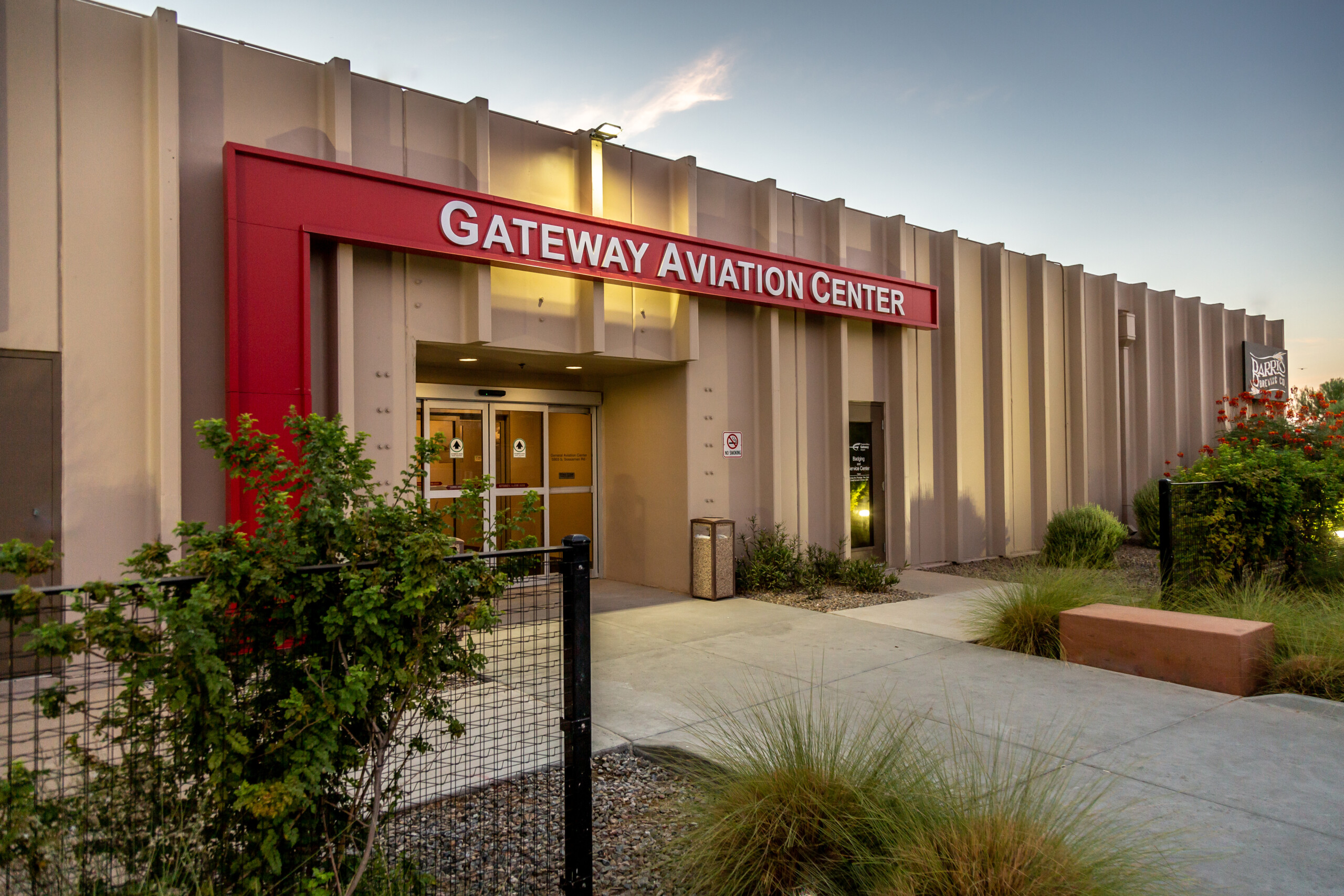 Gateway Aviation Center entrance at dusk