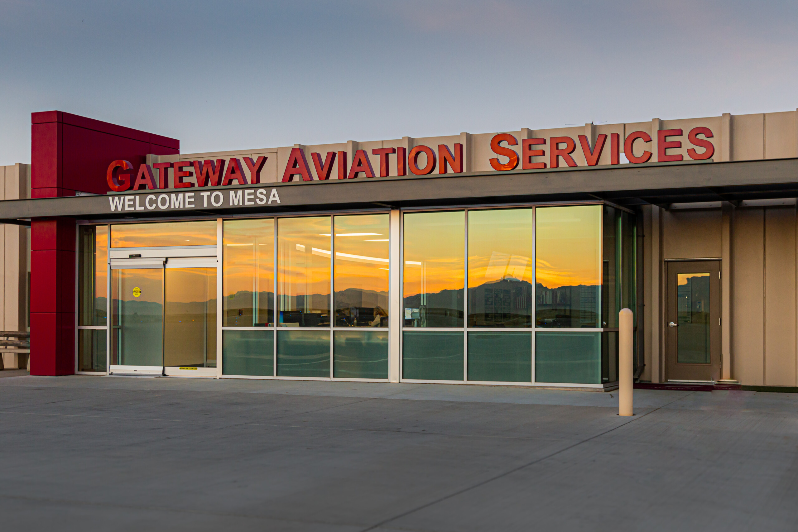Gateway Aviation Services building at dusk