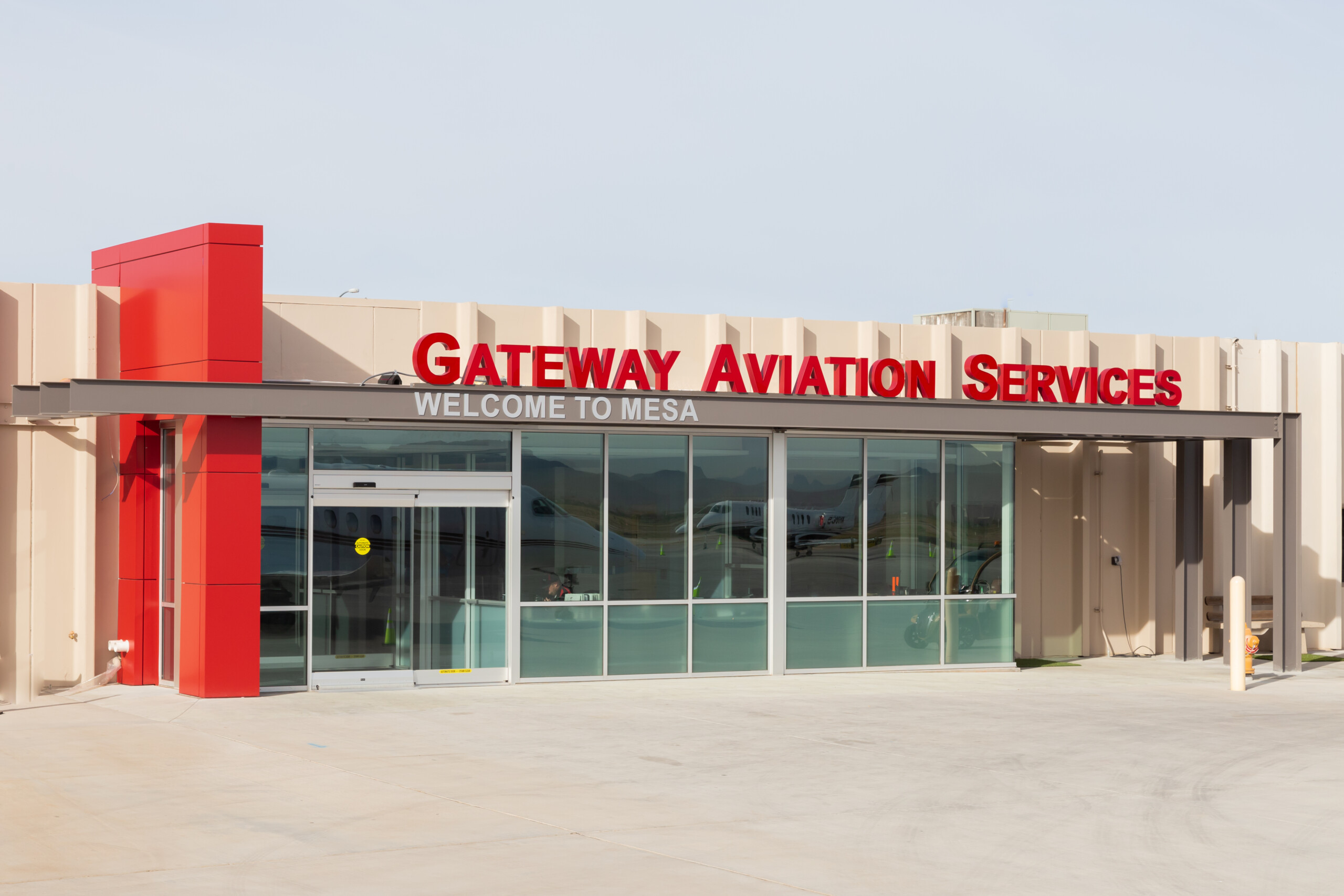 Gateway Aviation Services building exterior at sunset