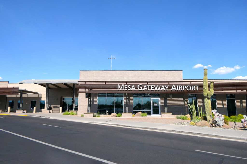 Front of the Mesa Gateway Airport terminal on a sunny day